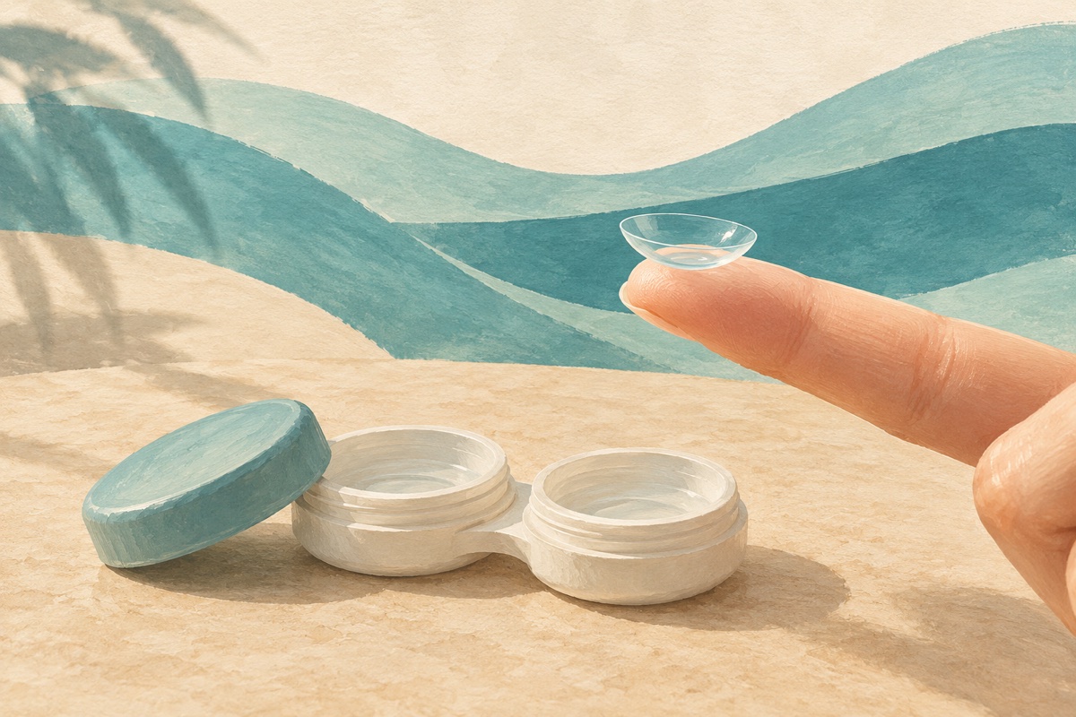 Illustration of a contact lens and case, not a product photograph