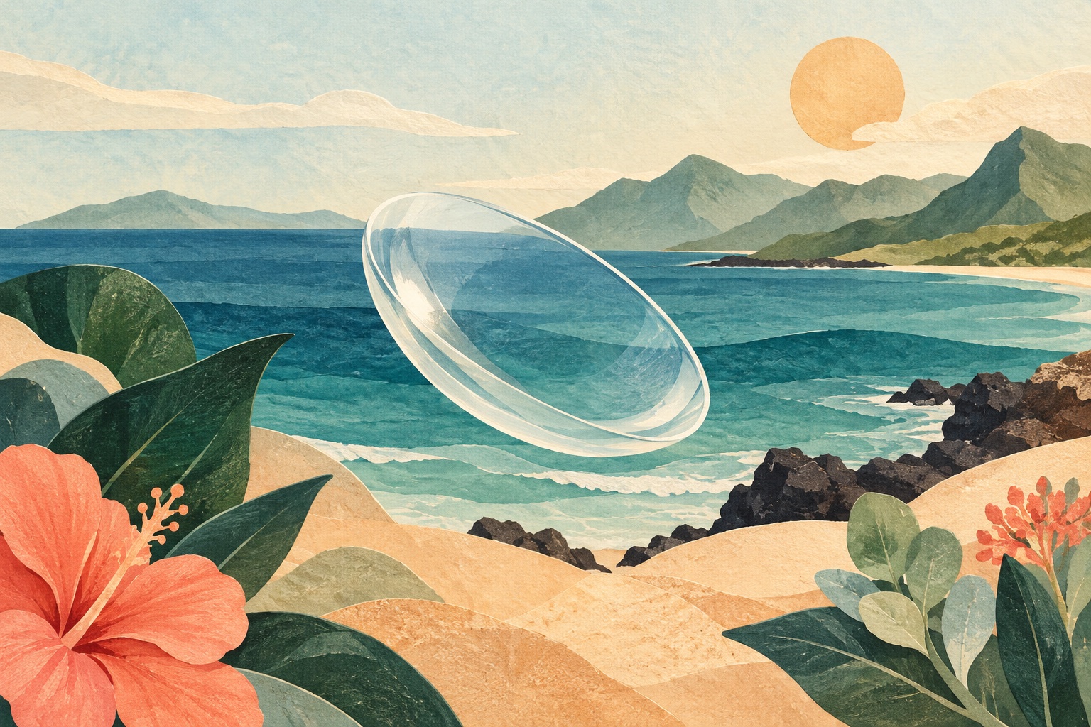 Ilustración artística de un lente de contacto transparente sobre un paisaje isleño imaginario