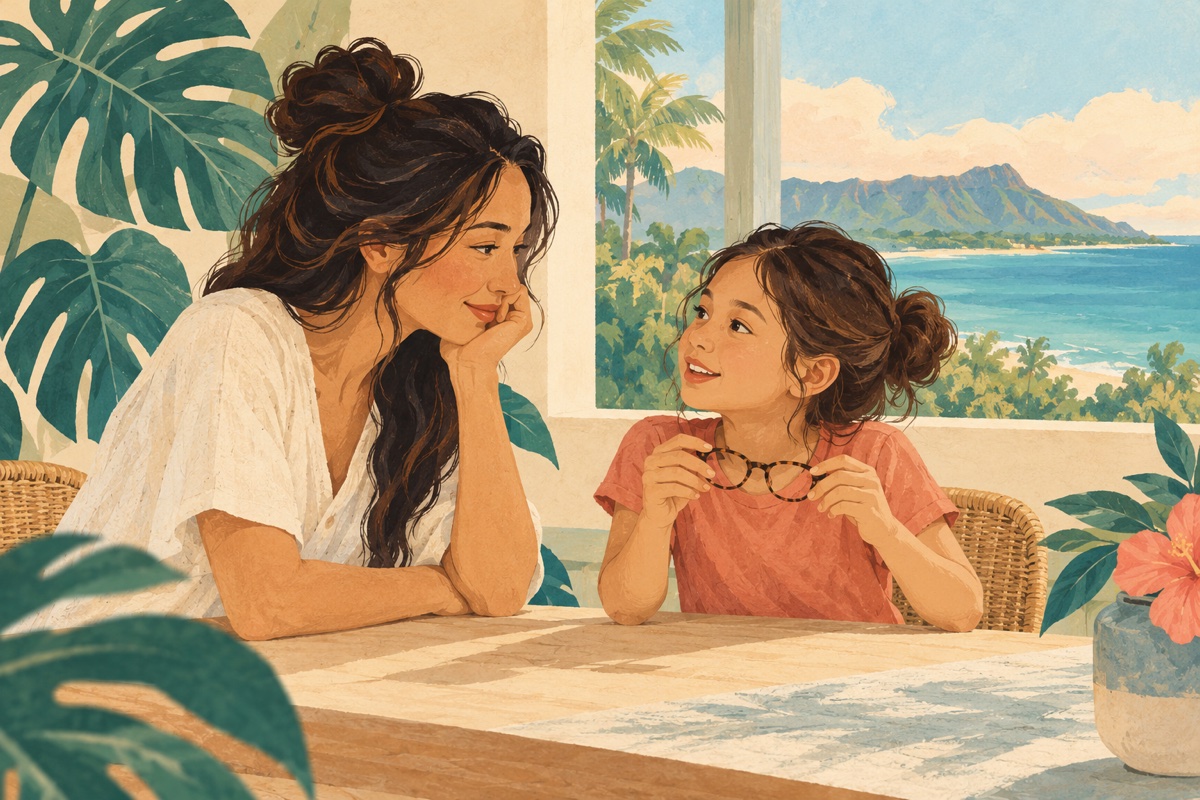 Illustration of a parent and child discussing eyeglasses