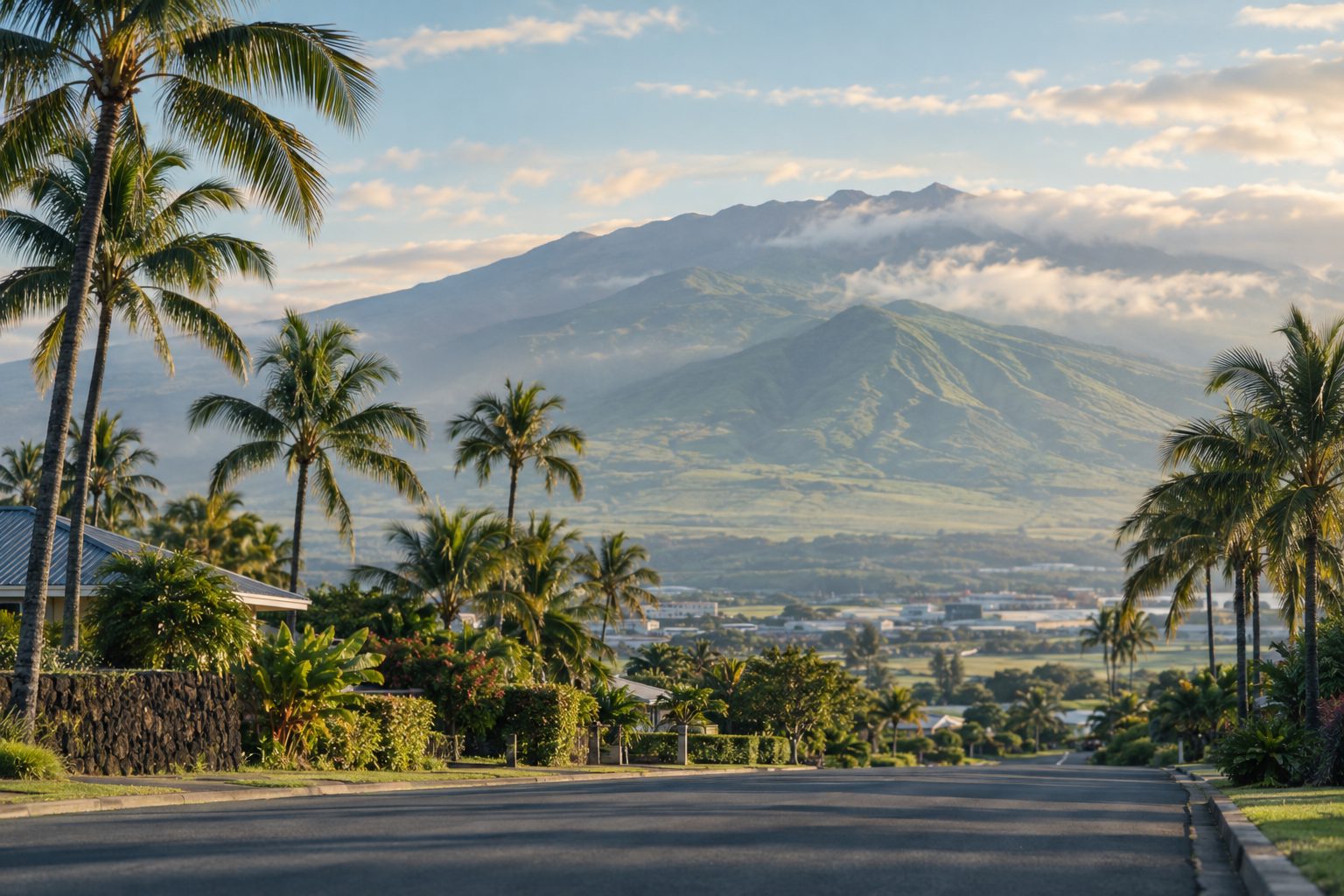 Palm-lined street in Kahului with the slopes of Haleakalā in the distance