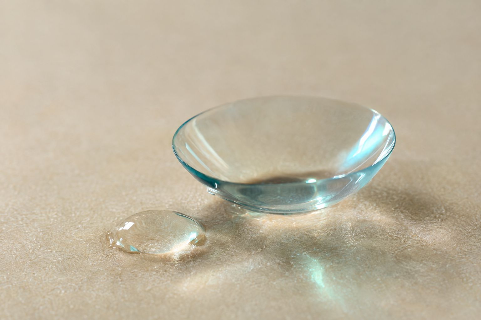 A soft contact lens with a droplet of saline on a pale surface