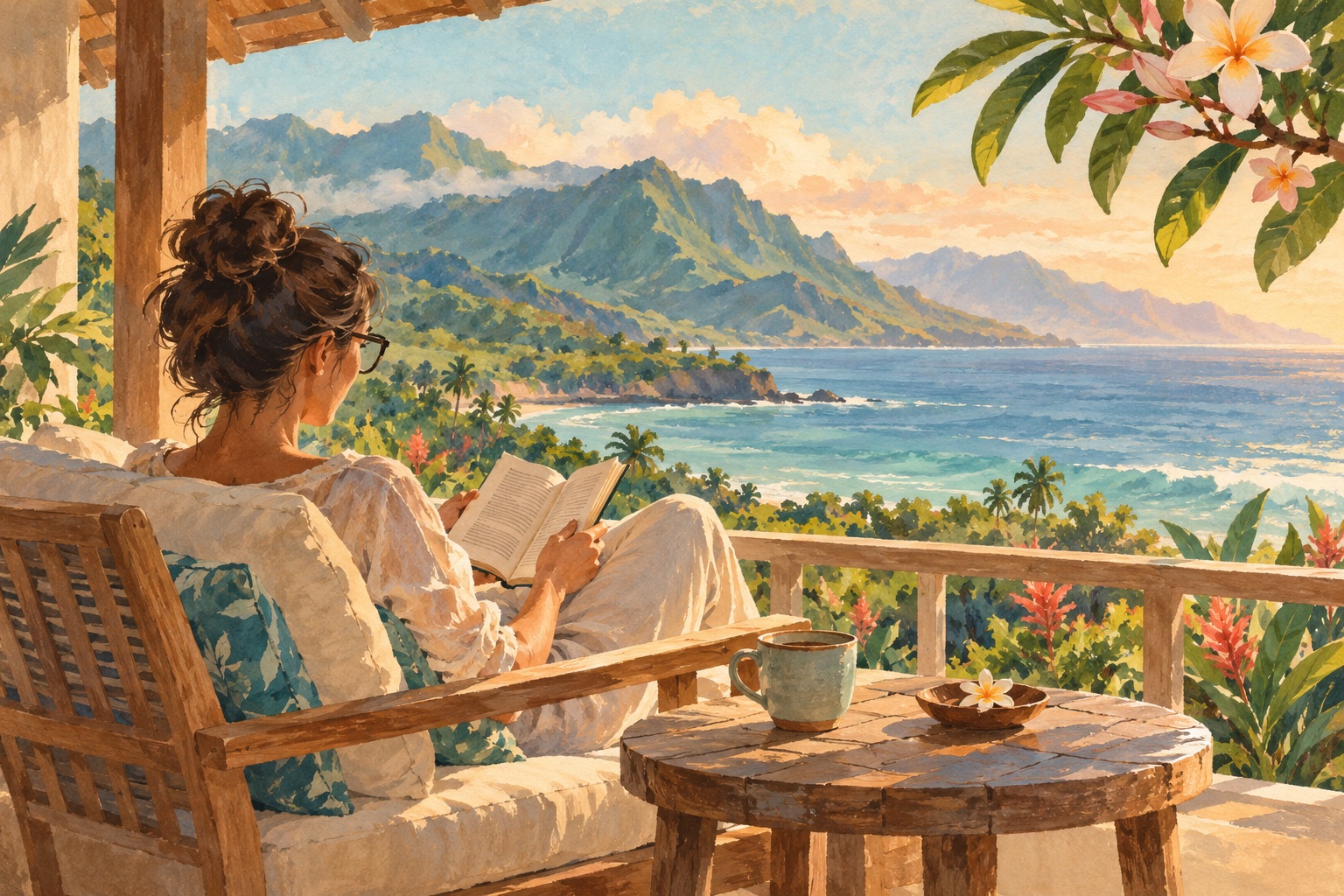 Pintura suave de una lectora con anteojos en una terraza isleña