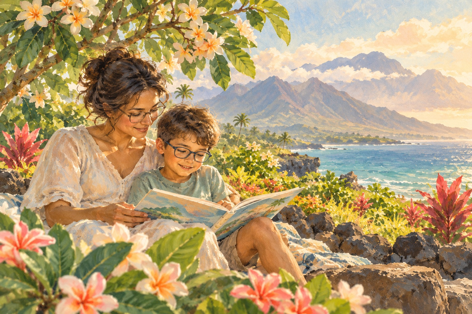 Soft painting of a parent and child reading together in an island garden