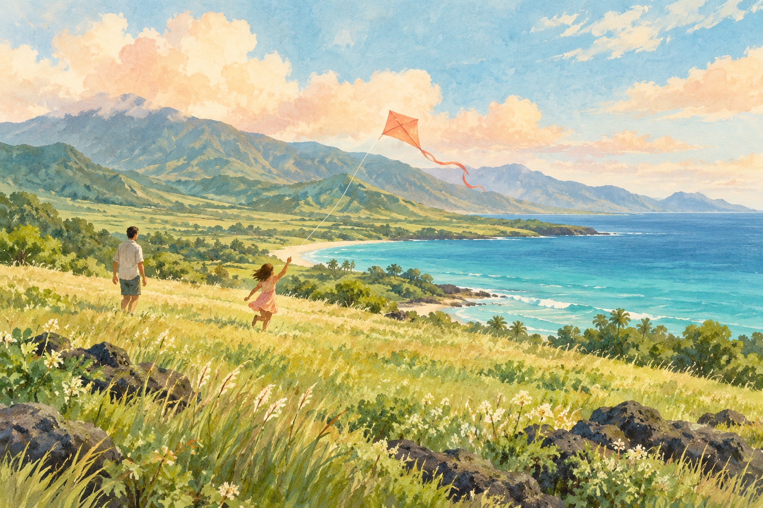 Soft painting of a child flying a kite with a parent in an island meadow
