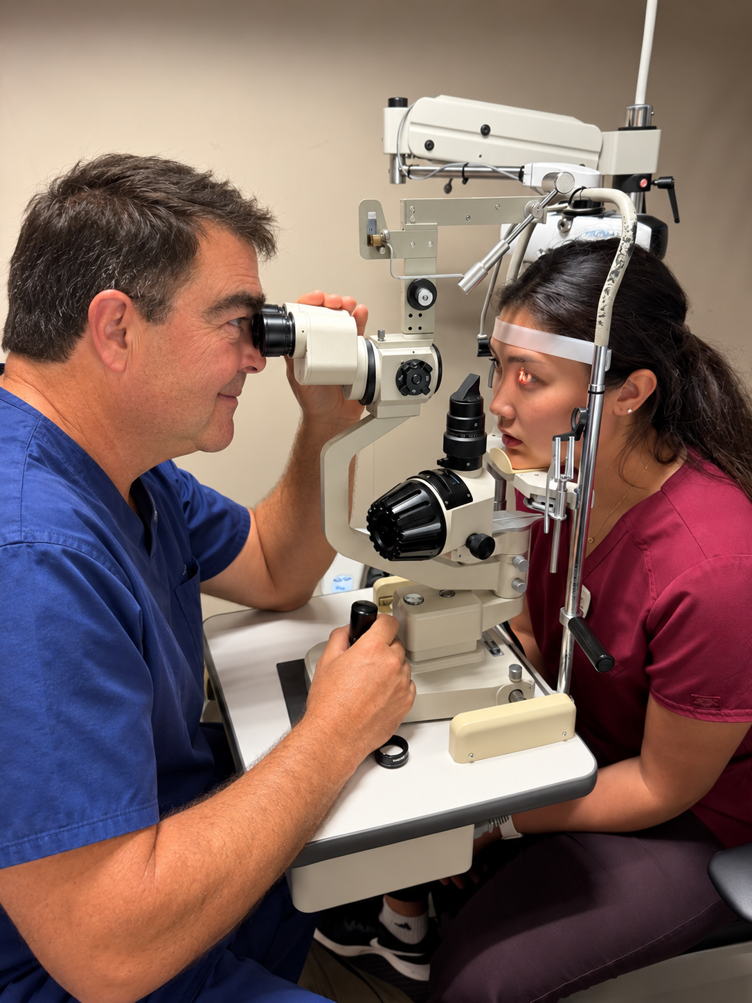 Profesional de la salud visual realizando un examen con lámpara de hendidura