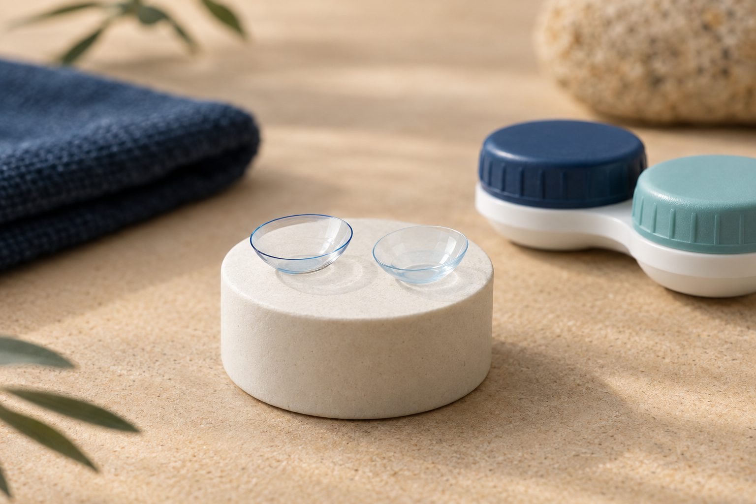 A rigid gas-permeable lens and a soft contact lens on a small pedestal beside a lens case